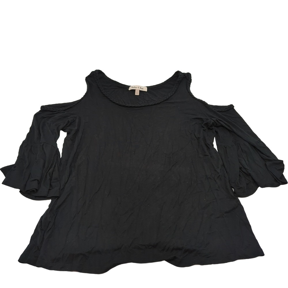 Harlow & Rose Womens Black Cold Shoulder Braided Trim Tiered Bell Sleeve Top L
